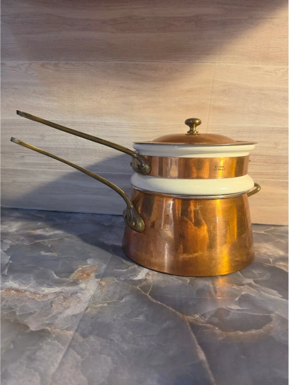 Vintage WALDOW Brooklyn NY Copper Nickel Plated Porcelain Double Boiler Cookware